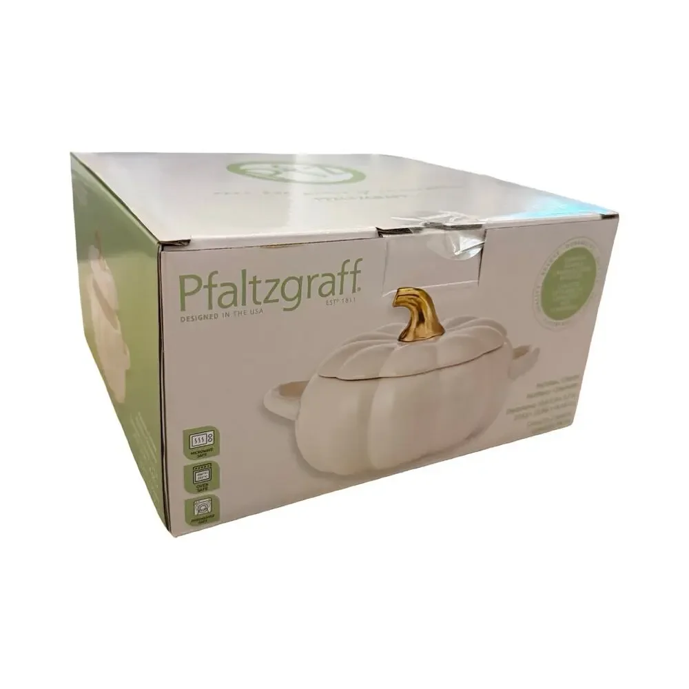 Pfaltzgraff White Pumpkin Casserole Dish Stoneware Cream Gold Stem NEW in Box